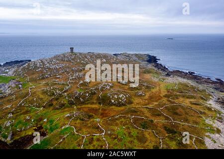 Aerial view of natural patterns rough landscape on Lettermullan peninsula, taken by drone,Connemara, Co. Galway, Ireland, Europe Stock Photo