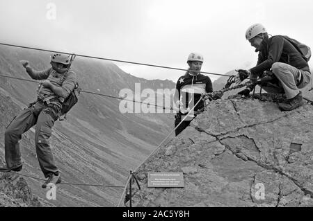 Austria: Climbing with a certified mountain guide in Montafon valley at 'Gargellen-Köpfe' Stock Photo