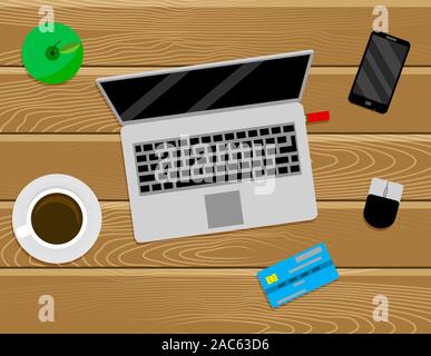 Freelancer work place top view. Vector table with notebook, cup of coffee and smartphone illustration Stock Vector