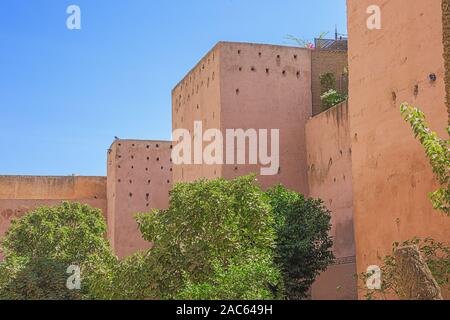 Editorial: MARRAKECH, MOROCCO, October 3, 2019 - Mud walls surround the Saadian tombs a mausoleum in Marrakech Stock Photo