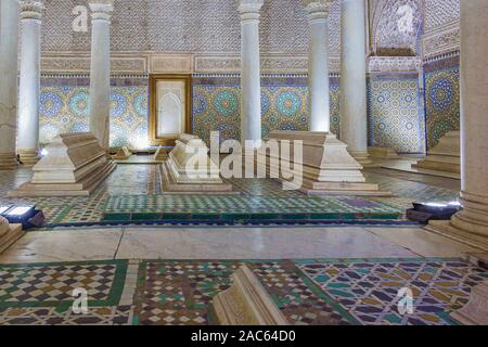 Editorial: MARRAKECH, MOROCCO, October 3, 2019 - Room with the royal graves in the Saadian tombs building a mausoleum in Marrakech Stock Photo