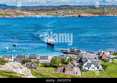 Caledonian MacBrayne car and passenger ferry Loch Buie approaching the pier at Baile Mor on Isle of Iona from Fionnphort Mull Stock Photo