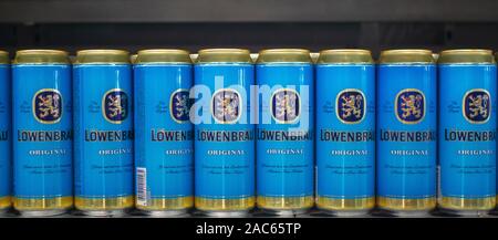 Tyumen, Russia-November 05, 2019: beer can closeup. Lowenbrau is a brewery founded in Munich around 1383, its name means lion's brew in German. Stock Photo