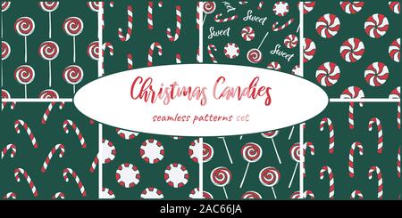 Set of eight vector seamless patterns with hand drawn Christmas candies on dark green background. New Year red and white sweet treats. Fabric, textile Stock Vector