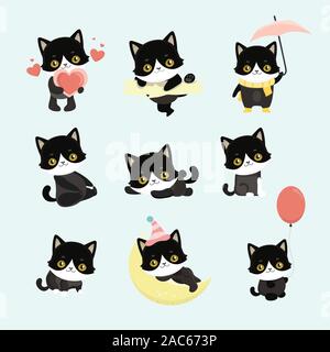 Cute cats character different pose funny animal domestic kitten vector illustration. Stock Vector