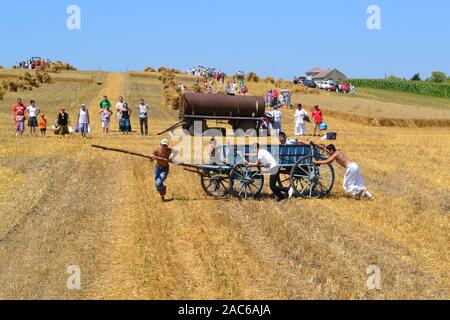 Gornji Breg, Serbia, July 17, 2011. Harvest the old-fashioned way on the field in Gornji Breg, Backa, Vojvodina. This event is accompanied by tourists Stock Photo