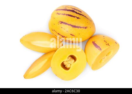 Fresh Pepino fruit isolated on white background. Top view, flat lay Stock Photo