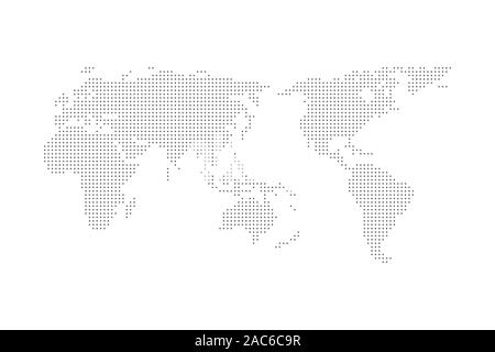 Grey halftone dotted world map vector illustration flat design asia in center. Stock Vector