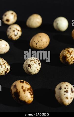 Quail eggs on a black background. Stock photo. Stock Photo