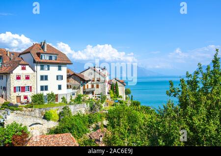 Amazing winemaking village Rivaz in the Swiss Lavaux wine region. Houses and vineyard located on the slopes by the stunning Lake Geneva. Natural landscapes in Switzerland. European travel destination. Stock Photo