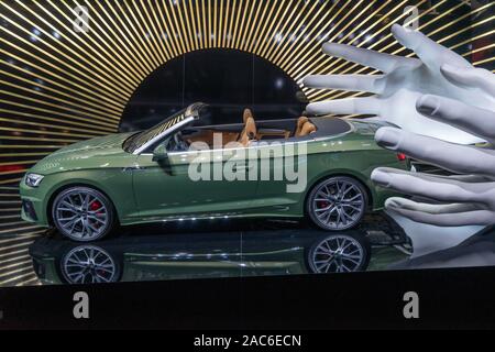 FRANKFURT - SEP 20, 2019: New Audi A5 40 TDI quattro cabriolet in green metallic - Facelift for luxury car presented at IAA 2019 Frankfurt Motor Show. Stock Photo