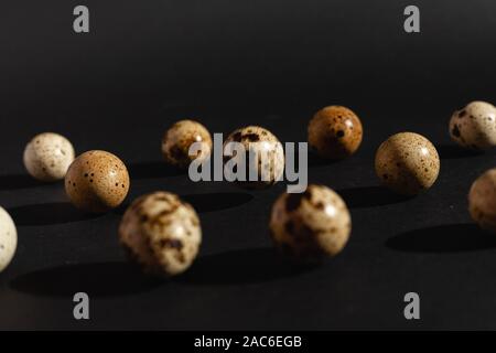 Quail eggs on a black background. Stock photo. Stock Photo