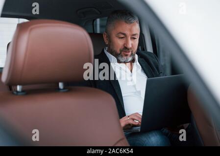 Concentrated at job. Working on a back of car using silver colored laptop. Senior businessman Stock Photo