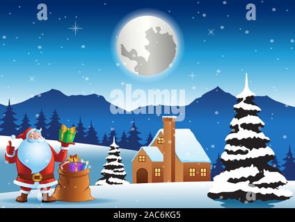 Santa claus stand in front of house with bag on Christmas night,vector illustration Stock Vector