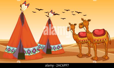 Scene with camels and teepees in the desert illustration Stock Vector