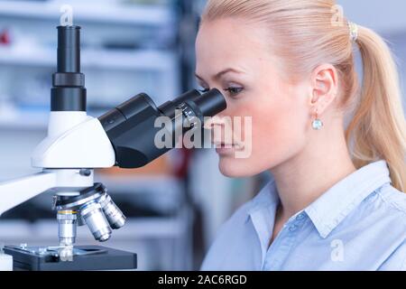 Girl with a slide for the microscope University Hospital. Attractive young scientist  looking at the microscope slide in the forensic laboratory Stock Photo
