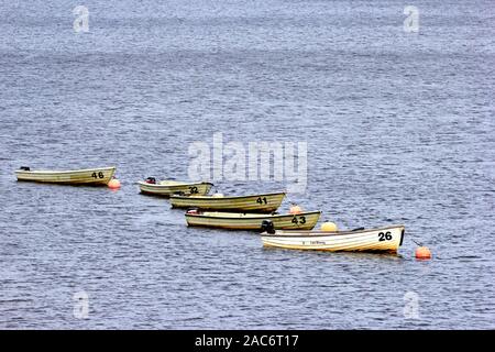 Rowing boats moored on Llyn Brenig Reservoir Stock Photo