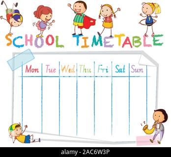 School time table with doodle children illustration Stock Vector