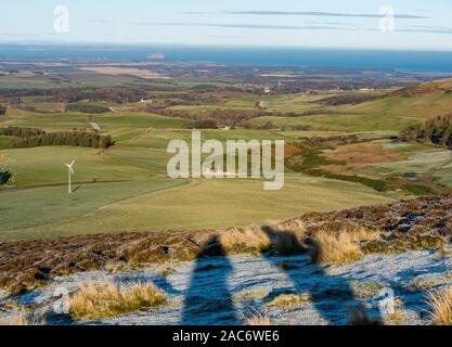 Lammermuir Hills, East Lothian, Scotland, UK. 1st Dec, 2019. UK Weather: after a very cold night the landscape in the moorland is covered in frost with the temperature around freezing on a beautiful sunny Winter day with long shadows cast by the sunshine and frost on the ground. Looking North towards the Firth of Forth and Bass Rock with a wind turbine and flock of sheep grazing Stock Photo