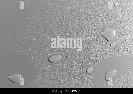 Close-up of clear water drops on gray background Stock Photo