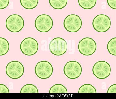 Seamless texture of cucumber slices on pink background. Healthy frood or cosmetic ingredient pattern. Vector illustration. Stock Vector