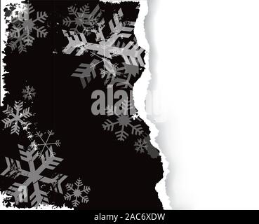 Black grunge stylized torn paper christmas background with snowflakes.  llustration of torn paper template. Place for your text or image. Stock Vector