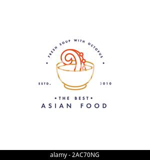 Vector logo design template and emblem or badge. Asian food - soup with octopuc. Linear logos, golden and red colors. Stock Vector