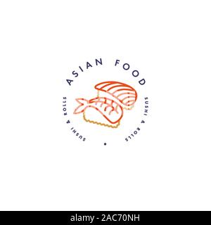 Vector logo design template and emblem or badge. Asian food - sushi and roll. Linear logos, gold and red color. Stock Vector