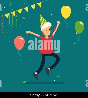 Vector illustration of kids party. Funny boy character jumping with party hats, confetti, balloons. Happy birthday celebrating party. Stock Vector