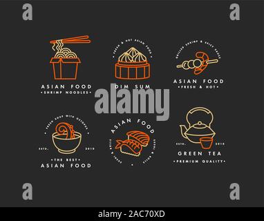 Vector set of logo design templates and emblems or badges. Asian food - noodles, dim sum, soup, sushi. Linear logos, golden and red. Stock Vector