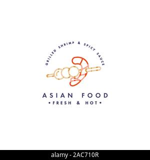 Vector logo design template and emblem or badge. Asian food - asain kebab with shrimp. Linear logos, gold and red color. Stock Vector