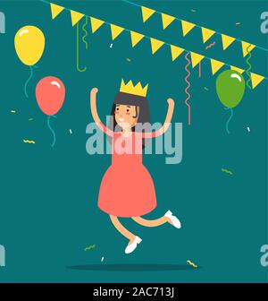 Vector illustration of kids party. Funny girl character jumping with party hats, confetti, balloons. Happy birthday celebrating party. Stock Vector