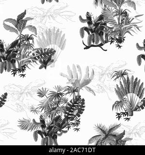 Seamless pattern with jungle trees in monochrome style. Stock Vector