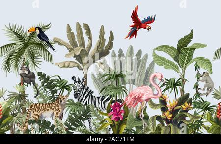 Seamless border with jungle animals, flowers and trees. Vector. Stock Vector