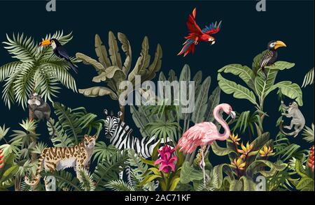 Seamless border with jungle animals, flowers and trees. Vector. Stock Vector