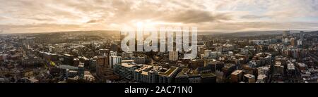 Aerial Panoramic view above Sheffield City during a cold frosty winter morning Stock Photo