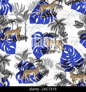 Seamless pattern with leopard and tropical landscape. Vector. Stock Vector