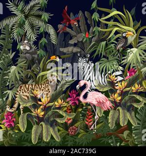 Jungle landscape with wild animals. Vector. Stock Vector
