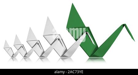 Leadership concept, four white paper swans follow a green swan, command and teaching symbol. Isolated on white background with reflections Stock Photo