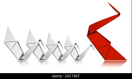 Leadership concept, a red paper swan faces four white swans, command and teaching symbol. Isolated on white background with reflections Stock Photo