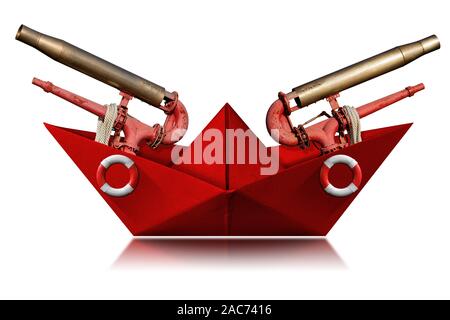Red paper fire boat with two water cannons and ring buoys, isolated on white background with reflections, photography Stock Photo