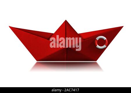 Red paper boat with ring buoy isolated on white background with reflections, photography Stock Photo