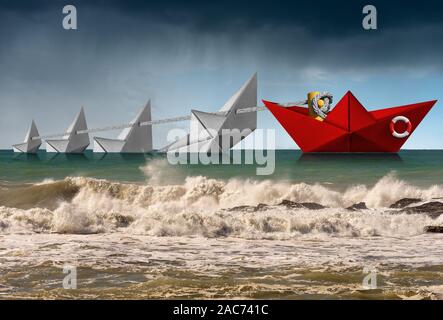 Rescue and Leadership concept, a red paper boat of the coast guard rescues four white boats that are sinking in a rough sea with rainy sky Stock Photo
