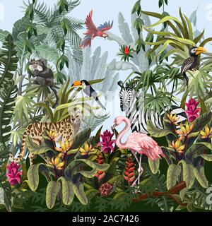 Jungle landscape with wild animals. Vector. Stock Vector