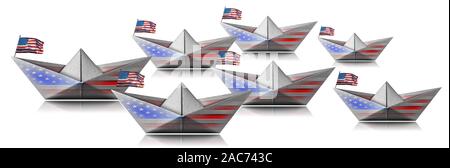 Fleet of ships with the United states of America flags, isolated on white background with reflections, paper boats photography Stock Photo