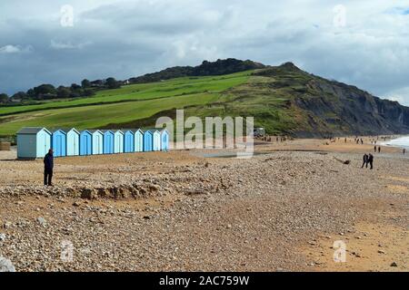 Beach Huts on Charmouth Beach, East Beach, Charmouth, Dorset, UK Stock Photo