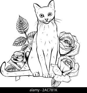 hand drawn ink doodle cat and flowers on white background. Stock Vector