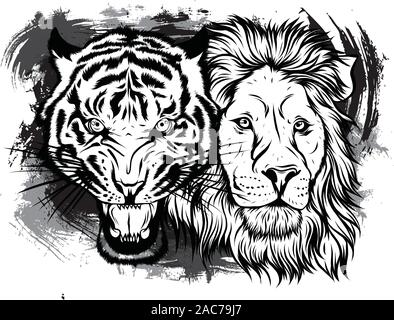 Lion and Tiger growling opposite each other, open an embittered mouth, canines, hand drawn doodle, sketch in pop art style, vector illustration Stock Vector