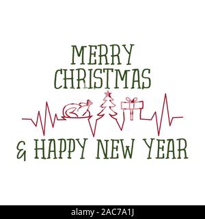 Merry Christmas and Happy New year - funny greeting with heartbeat diagram with christmas symbols (xmas tree, dinner and gift). Stock Vector