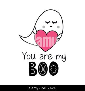You are my Boo - Valentine's Day handdrawn illustration. Handmade lettering print. Vector vintage illustration with cute Ghost with lovely heart. Stock Vector